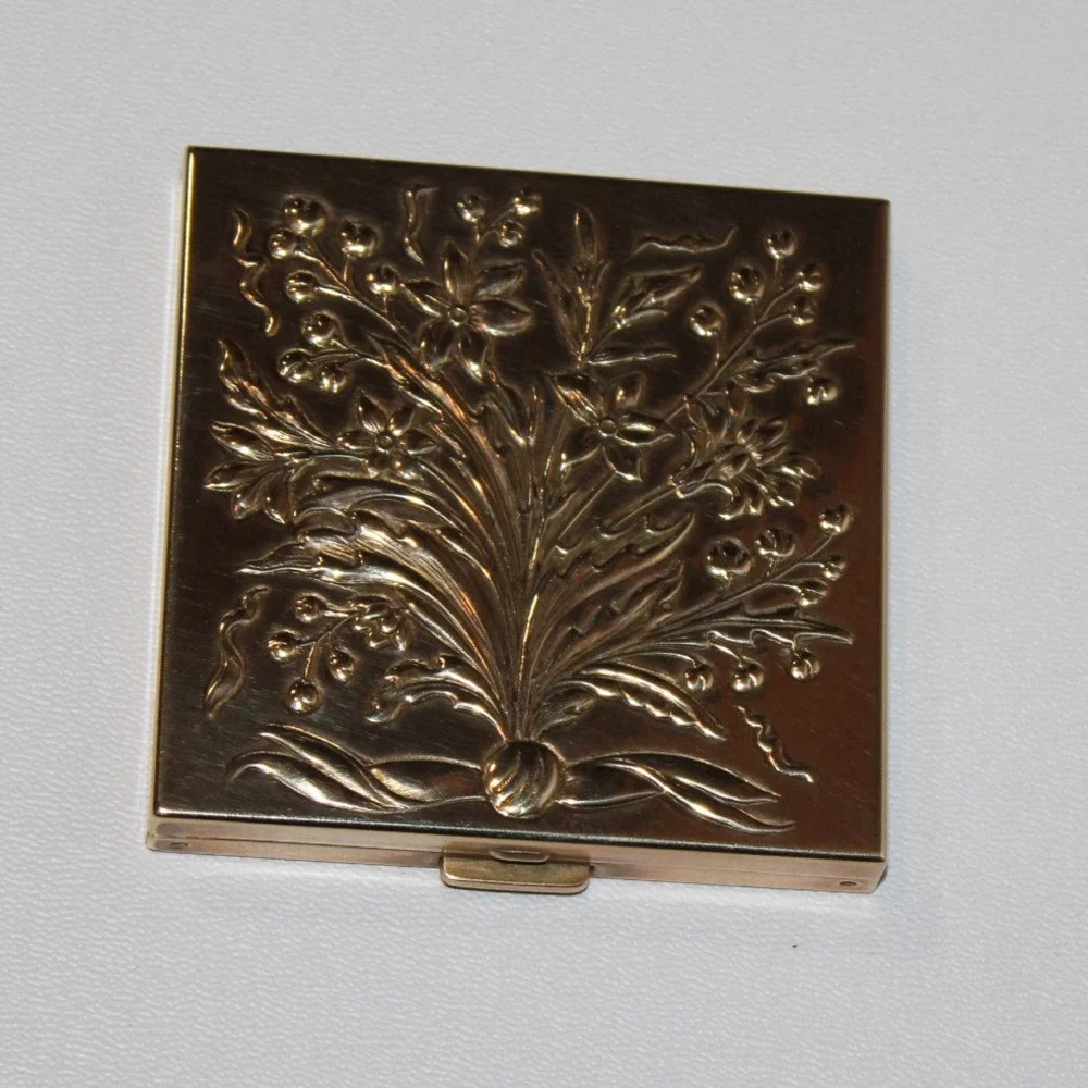 Vintage Volupte USA Gold Tone Square Compact Embossed Floral Bouquet Mirror